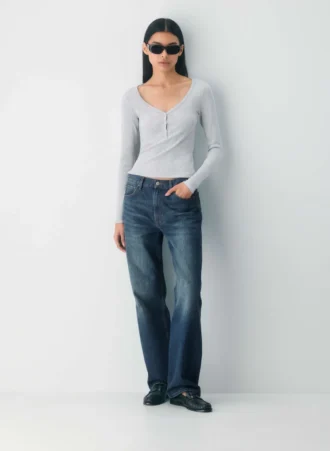 Camiseta de manga larga con cuello henley HomeStretch™ Rib