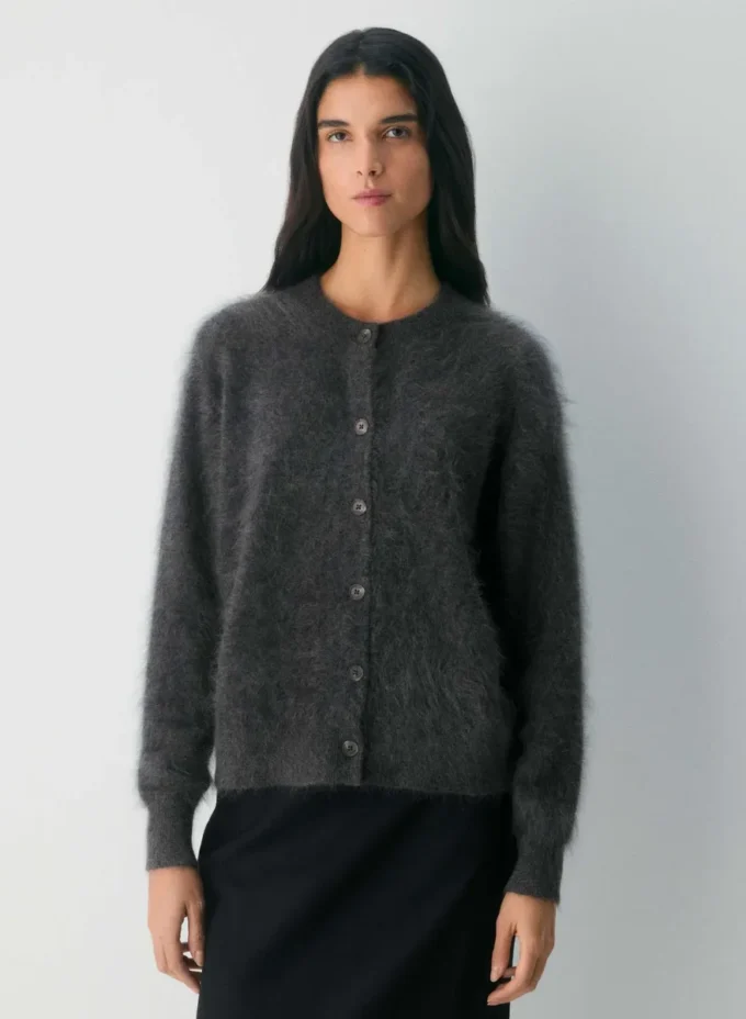 Cárdigan relajado de cuello redondo de cachemira cepillada