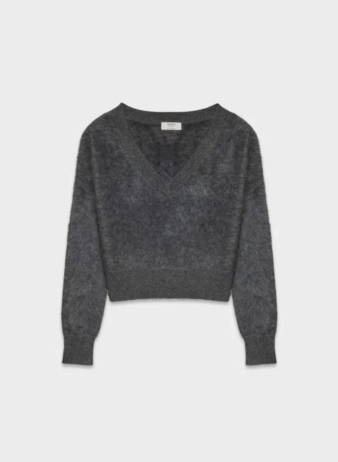 Jersey de cuello en V encogido de cachemira cepillada
