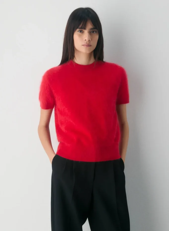 Jersey de manga corta y cuello redondo de cachemira cepillada